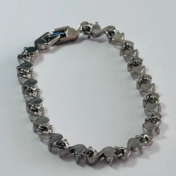 Silver Tone Clear Crystal S Wave Tennis Bracelet 7.5” - Picture 7 of 12